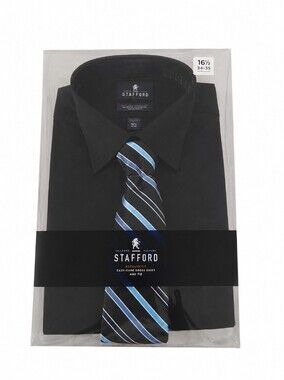 Stafford Black Dress Shirt with Blue and White Striped Tie